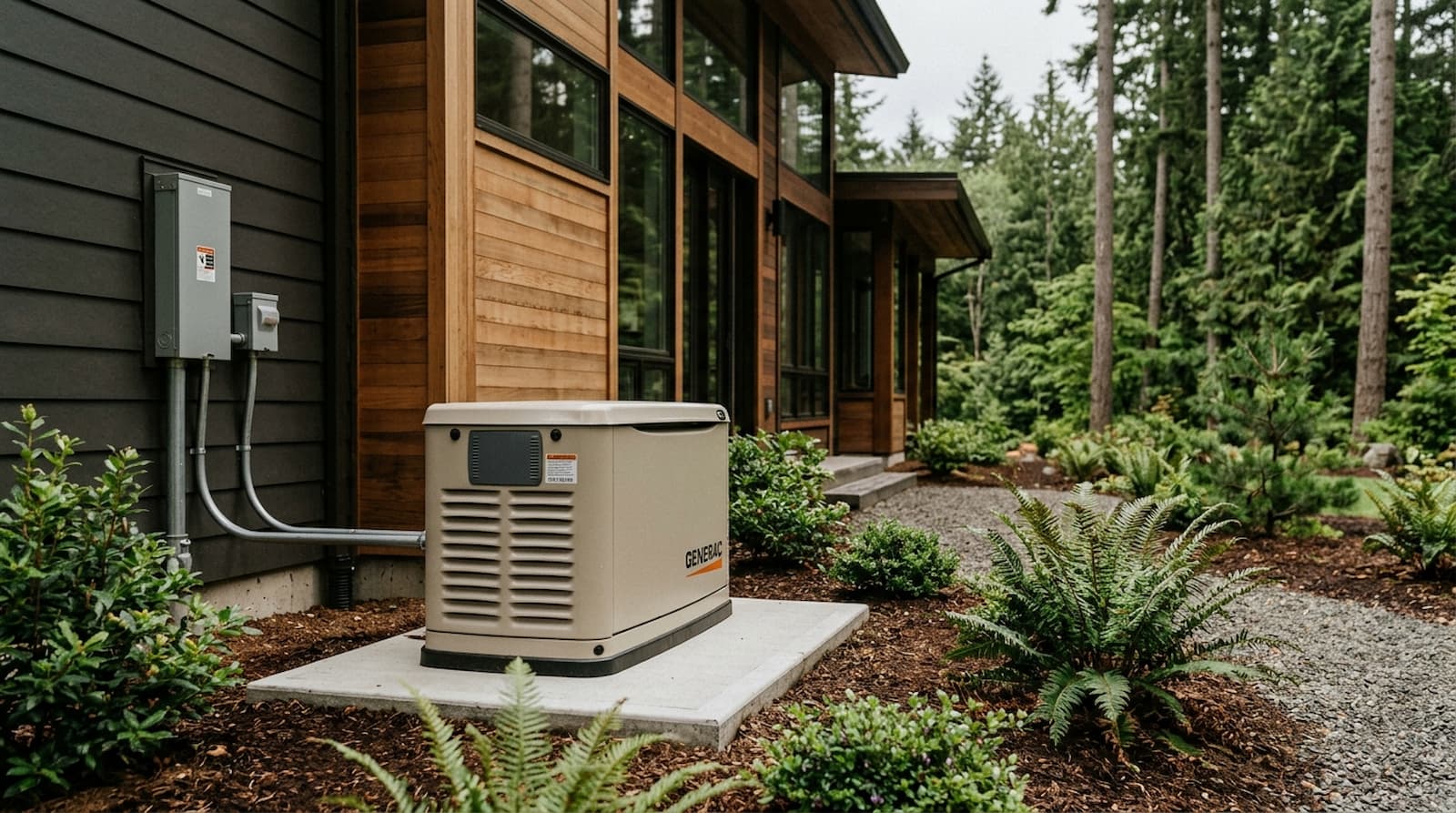 generac generator along side a modern home in the trees